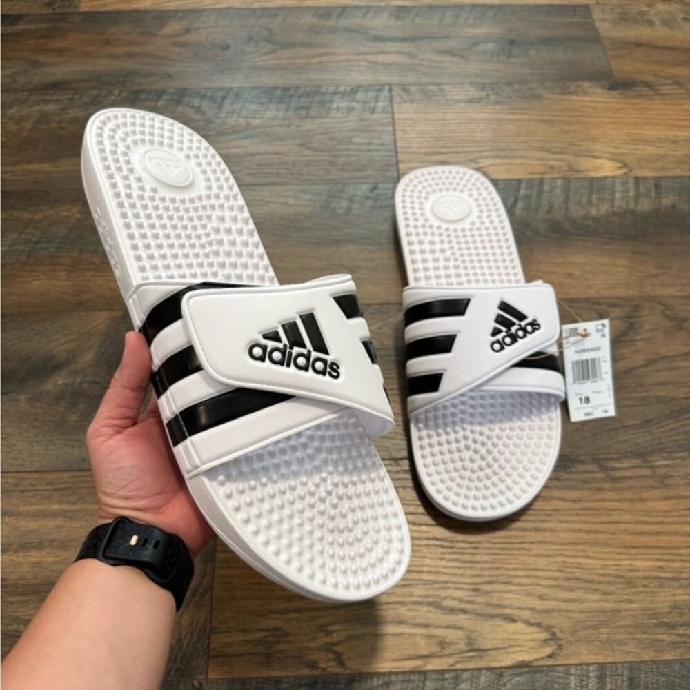 NEW Adidas Adissage Stripe Black White Slip-On Sandals Rubber‎ Slides Mens 18